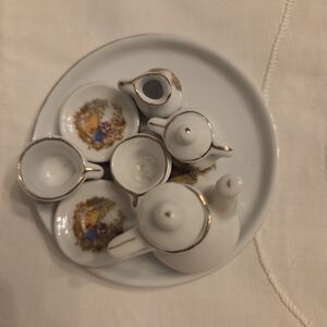 Vintage Miniature Porcelain 10 pc Tea Set Faux Gold Couple W Woman On Swing.